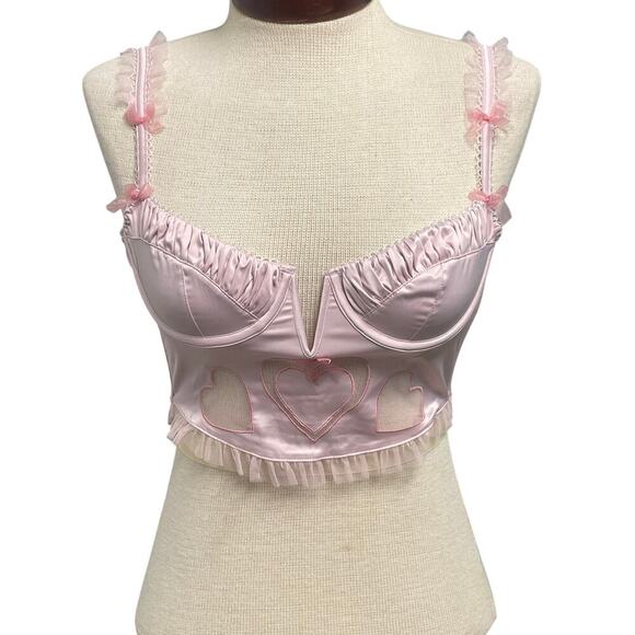For Love & Lemons Embroidered Hearts Bustier Bra Pink XS NEW NWT Ruffle Bows - Picture 1 of 8